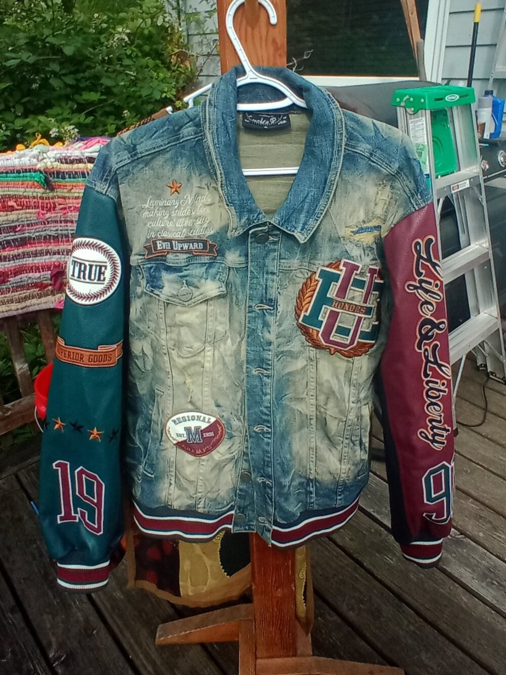 Smoke Rise Men's Varsity Patch Denim Jacket (XL)